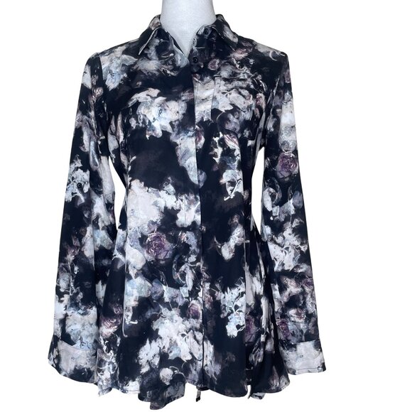 Simply Vera Black Floral Button High-Low Roll Tab Sleeve Blouse Top NWOT Career - Picture 1 of 12
